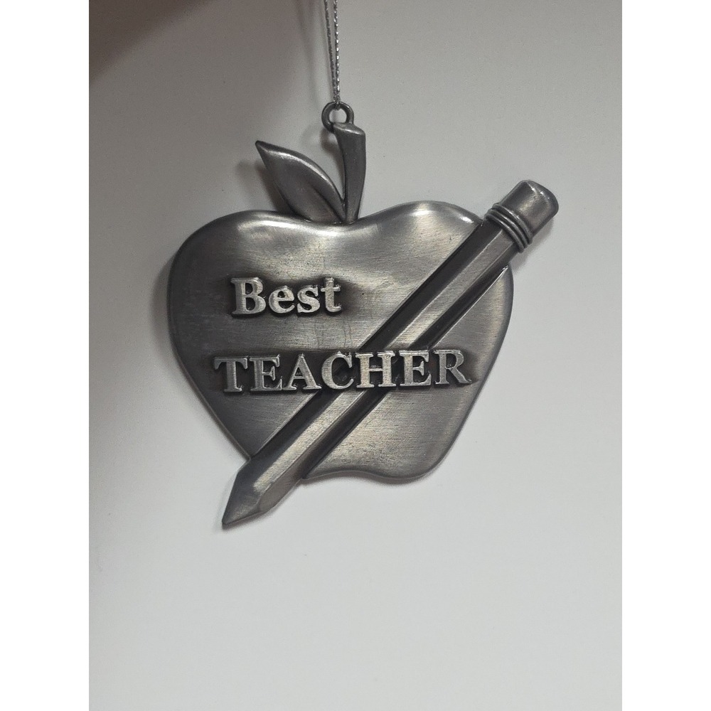 PEWTER FINISH ENAMELED METAL‎ BEST TEACHER APPLE w/ PENCIL CHRISTMAS ORNAMENT
